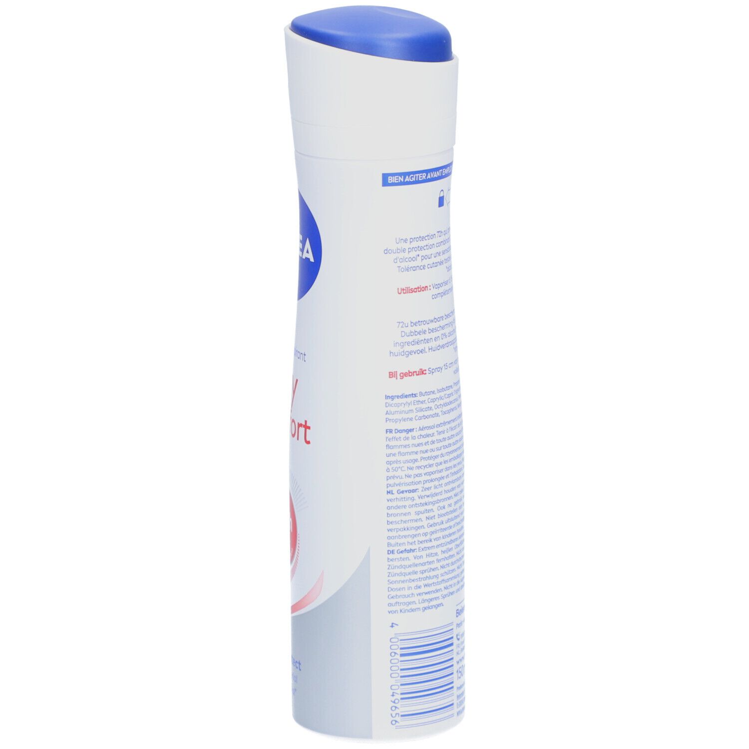 Dos du spray déodorant. Texte multilingue. Avertissements, ingrédients, informations fabricant. 150 ml.