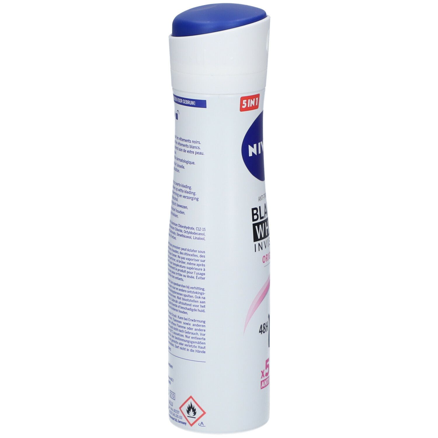 Déodorant NIVEA® Black & White Invisible. Vue latérale de la bombe aérosol. Informations et texte du produit.