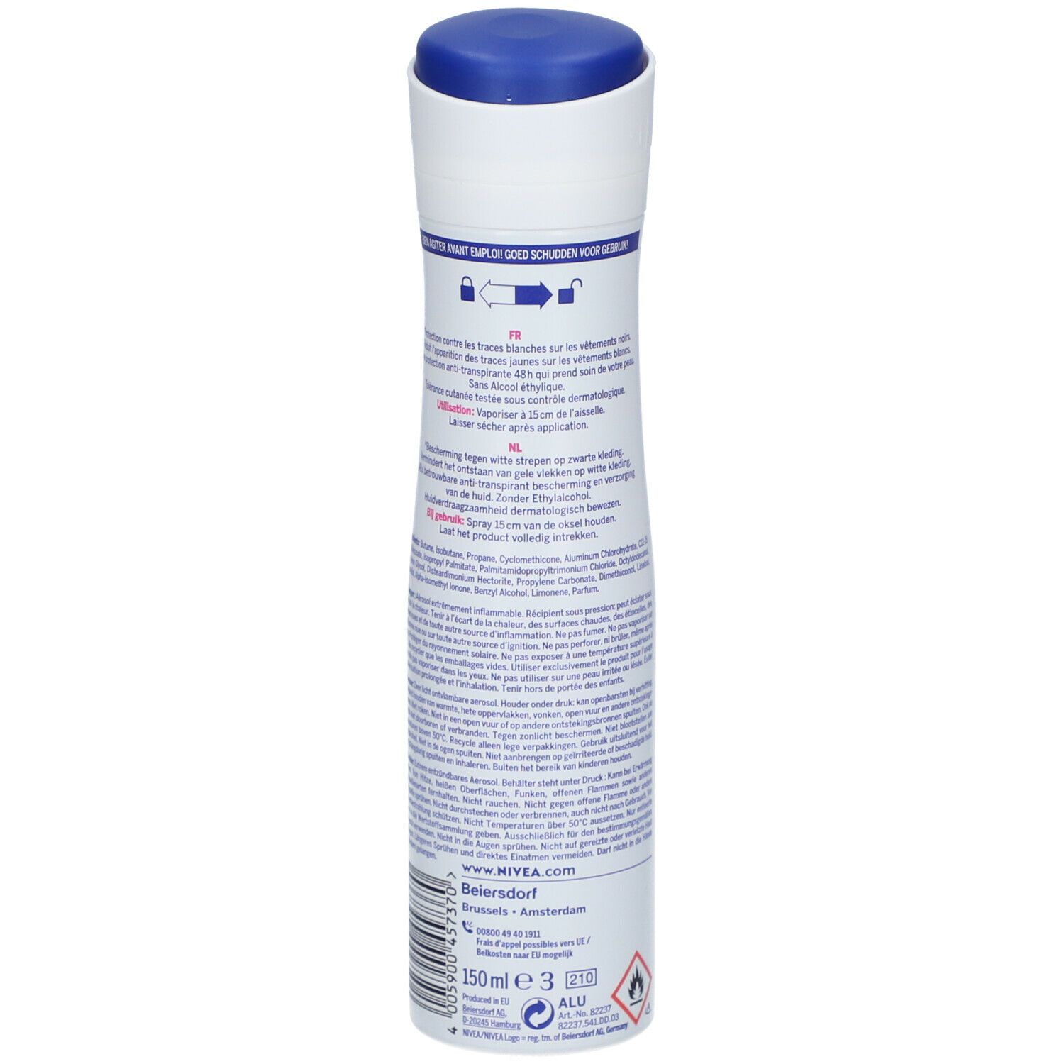Dos de la bombe aérosol NIVEA® Black & White Invisible. Texte et informations sur le produit.