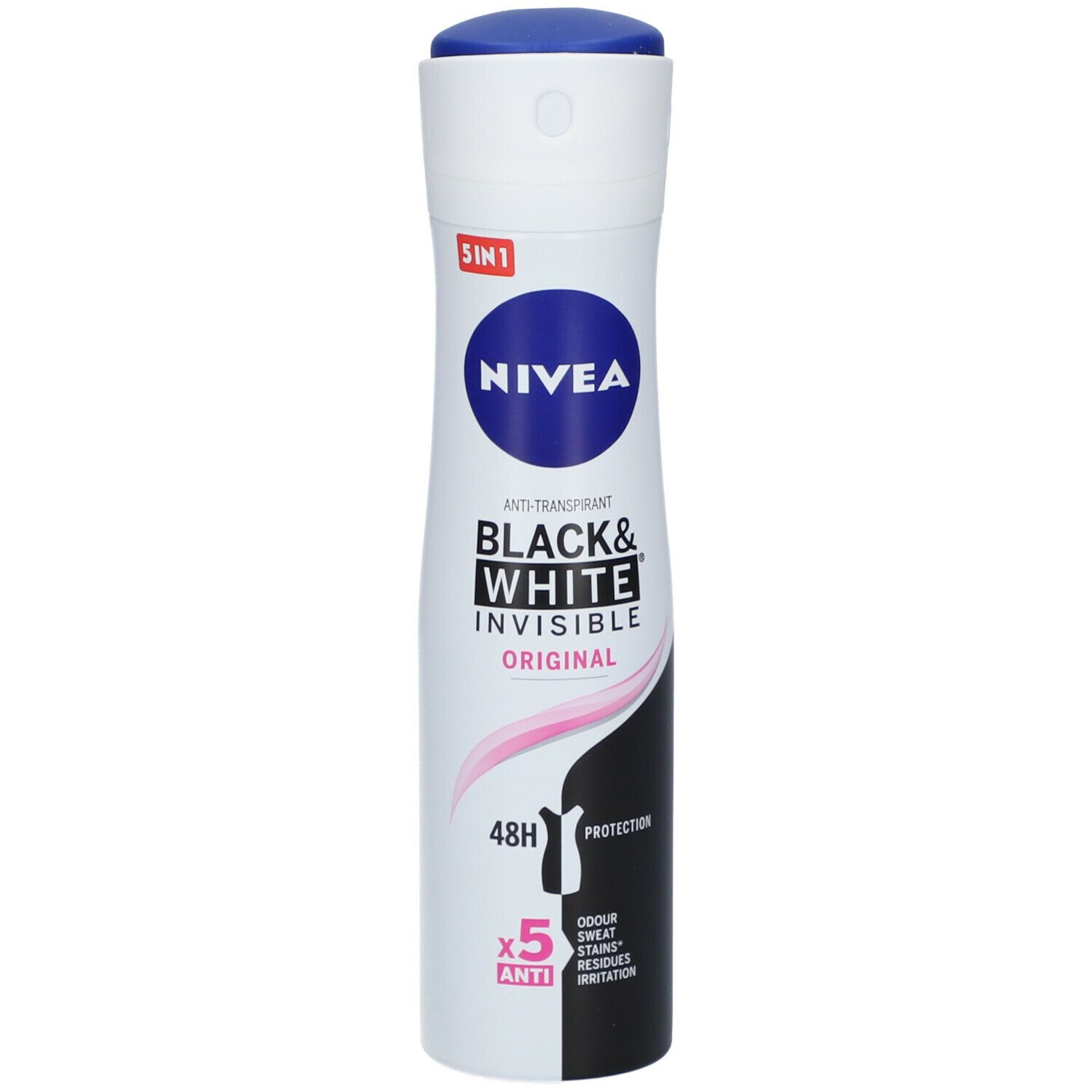 Déodorant NIVEA® Black & White Invisible. Bombe aérosol blanche et noire avec bouchon bleu. Informations produit.