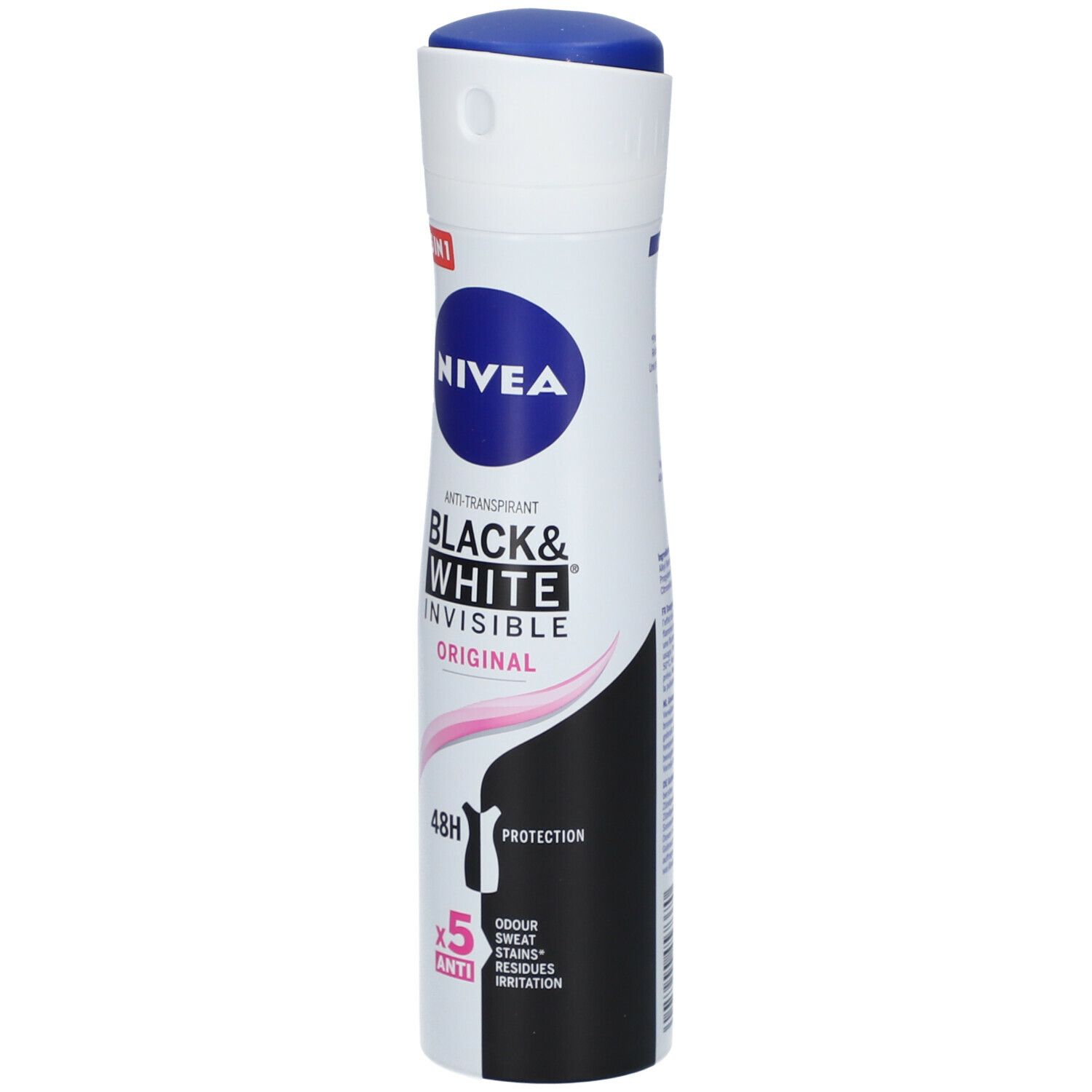 Déodorant NIVEA® Black & White Invisible. Bombe aérosol blanche et noire avec bouchon bleu. Informations produit.