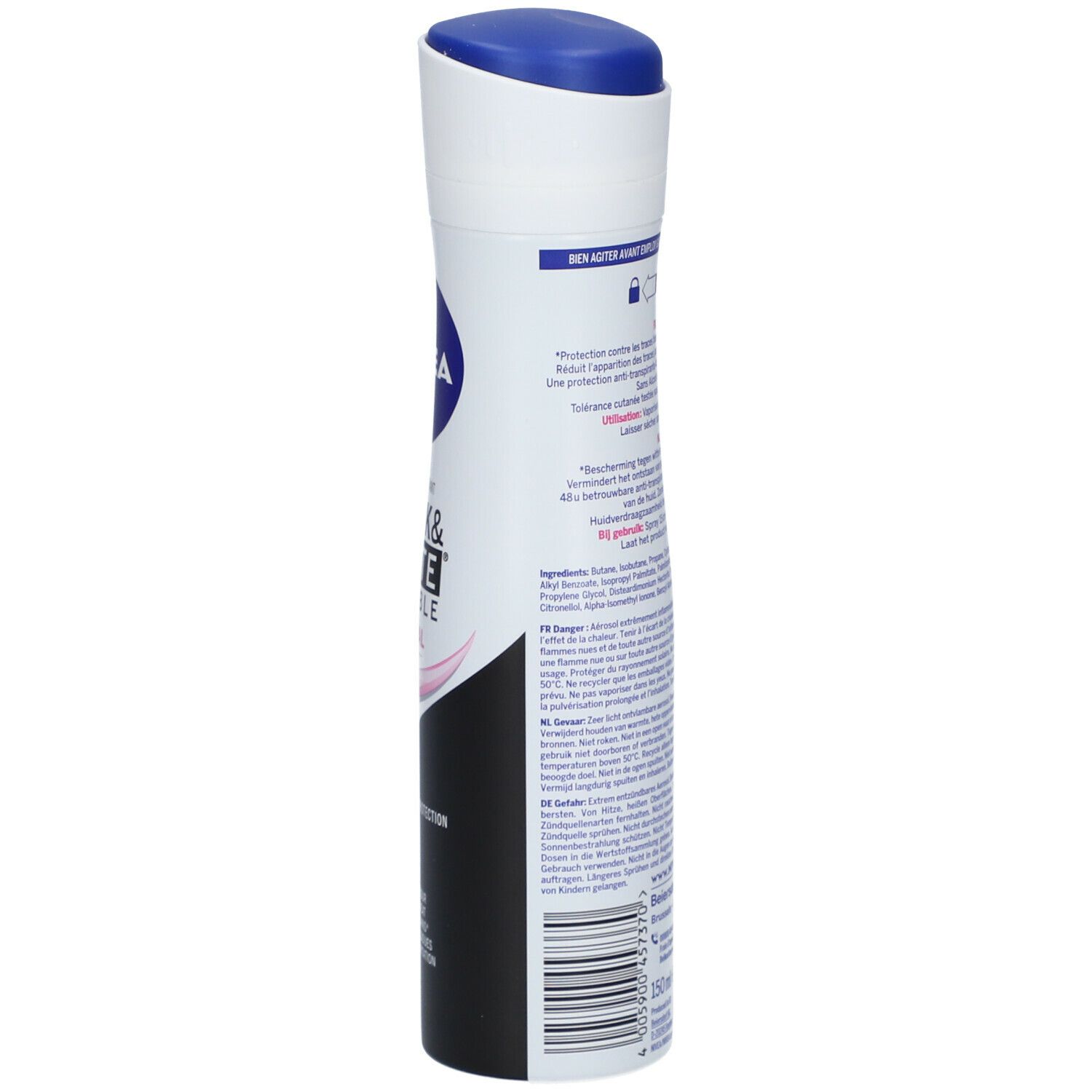 Déodorant NIVEA® Black & White Invisible. Vue latérale de la bombe aérosol. Texte et informations produit.