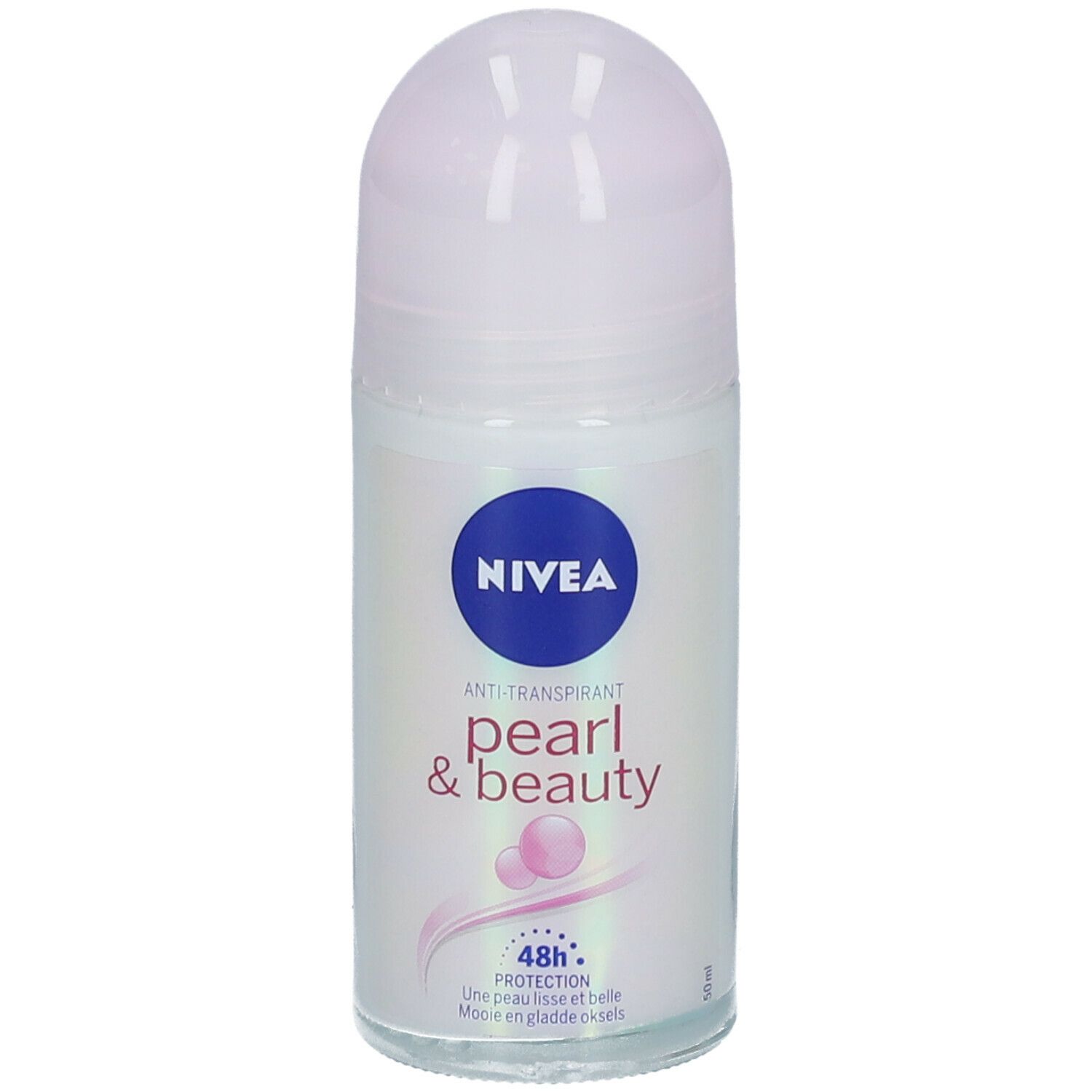 Roll-on-Deodorant mit weißem Deckel und blauem Logo. Aufschrift: Pearl & Beauty, 48h Protection. Rosa Kugeln abgebildet.