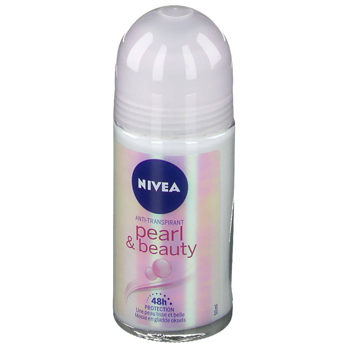 Roll-on-Deodorant mit weißem Deckel und blauem Logo. Aufschrift: Pearl & Beauty, 48h Protection. Rosa Kugeln abgebildet.