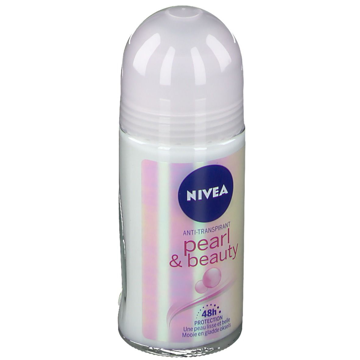 Roll-on-Deodorant mit weißem Deckel und blauem Logo. Aufschrift: Pearl & Beauty, 48h Protection. Rosa Kugeln abgebildet.