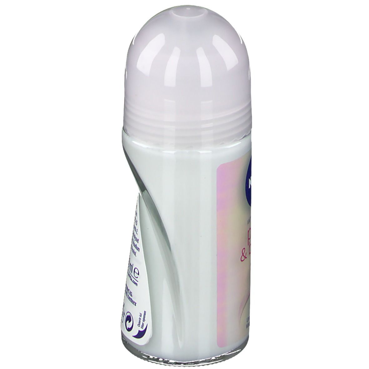 Roll-on-Deodorant mit weißem Deckel und blauem Logo. Aufschrift: Pearl & Beauty, 48h Protection. Rosa Kugeln abgebildet.