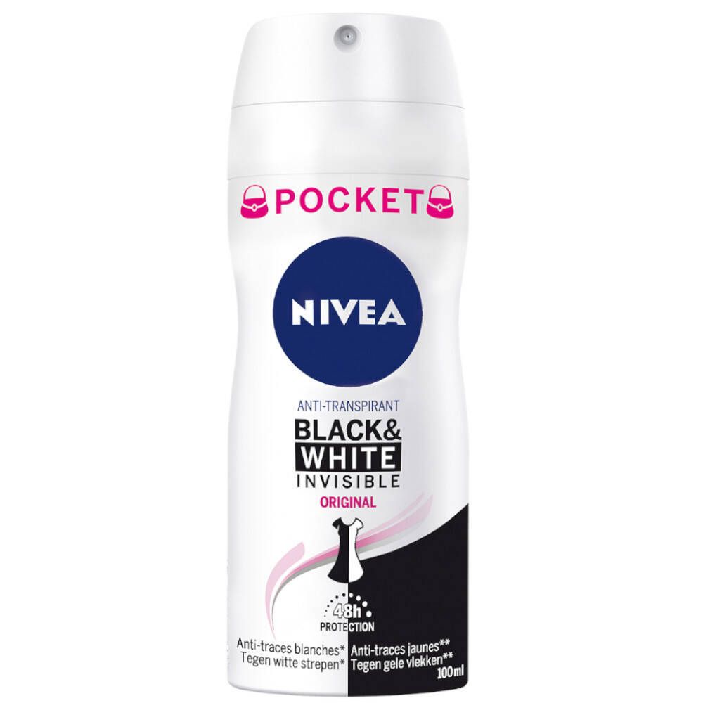 Déodorant Nivea Pocket Black&White Invisible. Flacon blanc avec logo bleu et nom du produit. Zones noires et blanches.