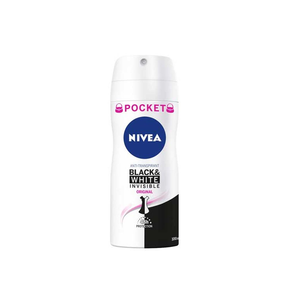 Déodorant Nivea Pocket Black&White Invisible. Flacon blanc avec logo bleu et nom du produit. Zones noires et blanches.