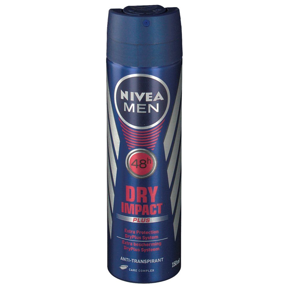 Bombe aérosol bleue et argentée. NIVEA MEN, DRY IMPACT PLUS, 48h. Anti-transpirant. Avec tête de pulvérisation.