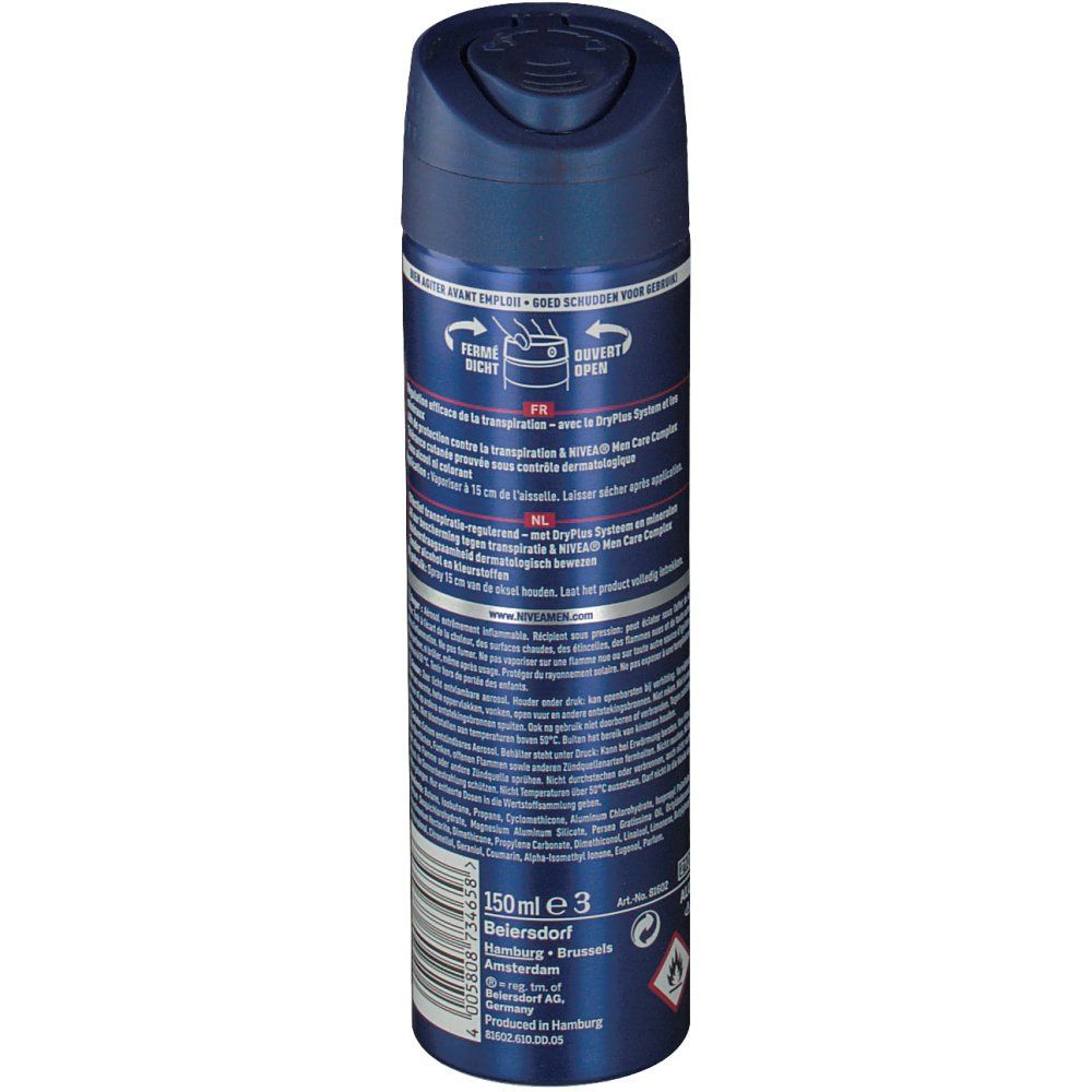 Bombe aérosol bleue. Dos avec texte. 150ml. Avertissements et mode d'emploi. Informations fabricant.