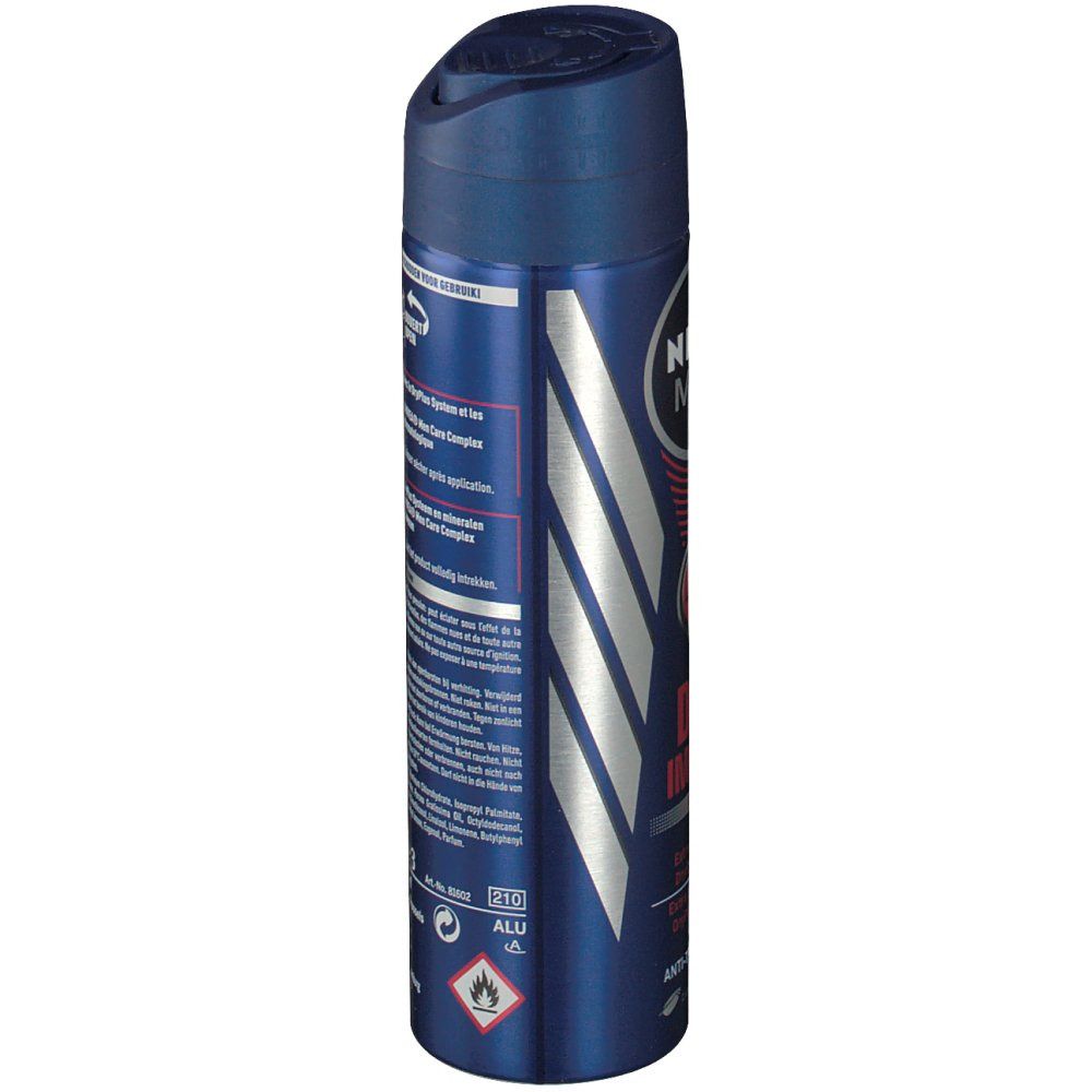 Bombe aérosol bleue. Côté avec texte. DRY IMPACT PLUS. Avertissements et consignes de sécurité.