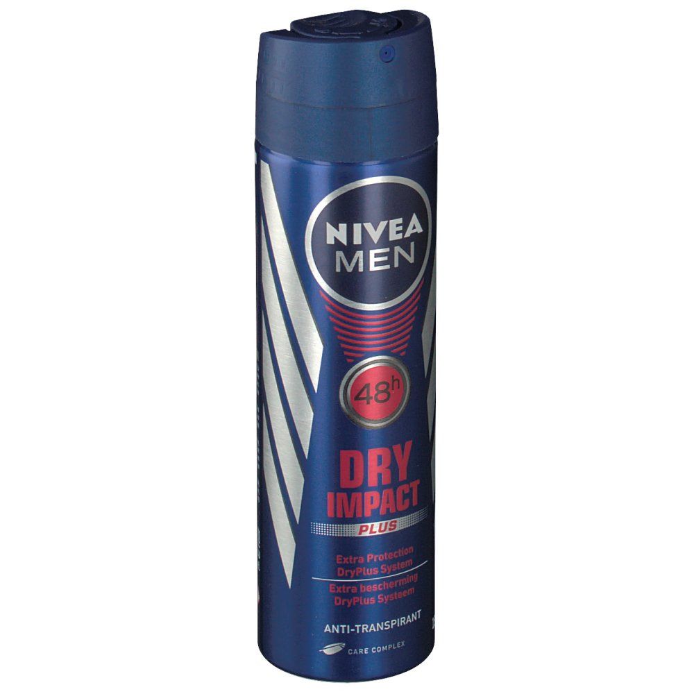 Bombe aérosol bleue. NIVEA MEN, DRY IMPACT PLUS, 48h. Anti-transpirant. Avec tête de pulvérisation.