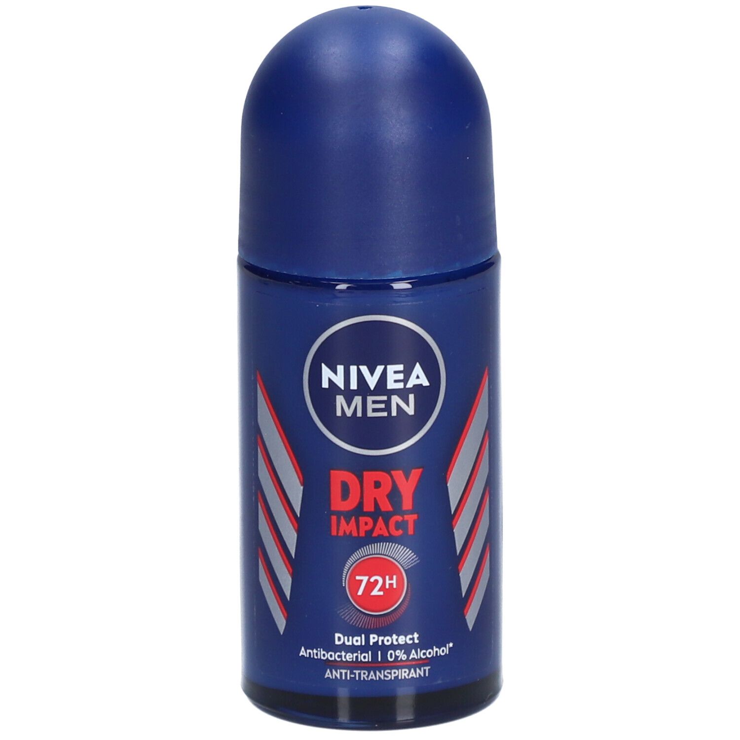 Blauwe NIVEA MEN Dry Impact roll-on. Wit logo, rode tekst en 72H. Antibacterieel, 0% alcohol.