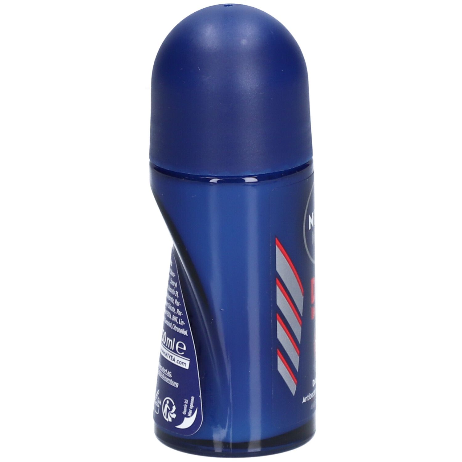 Blauwe NIVEA MEN Dry Impact roll-on. Zijaanzicht met logo, rode tekst en grijze strepen. Tekst op etiket.