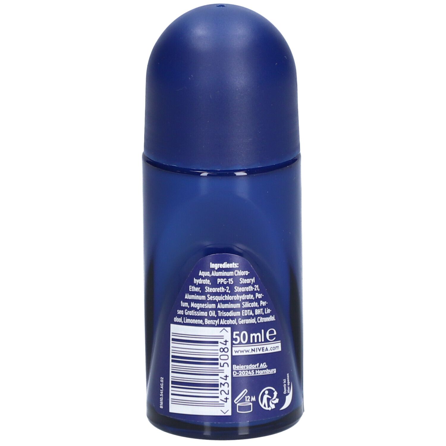 Achterkant van de blauwe NIVEA MEN Dry Impact roll-on. Bevat ingrediënten, barcode en 50ml.
