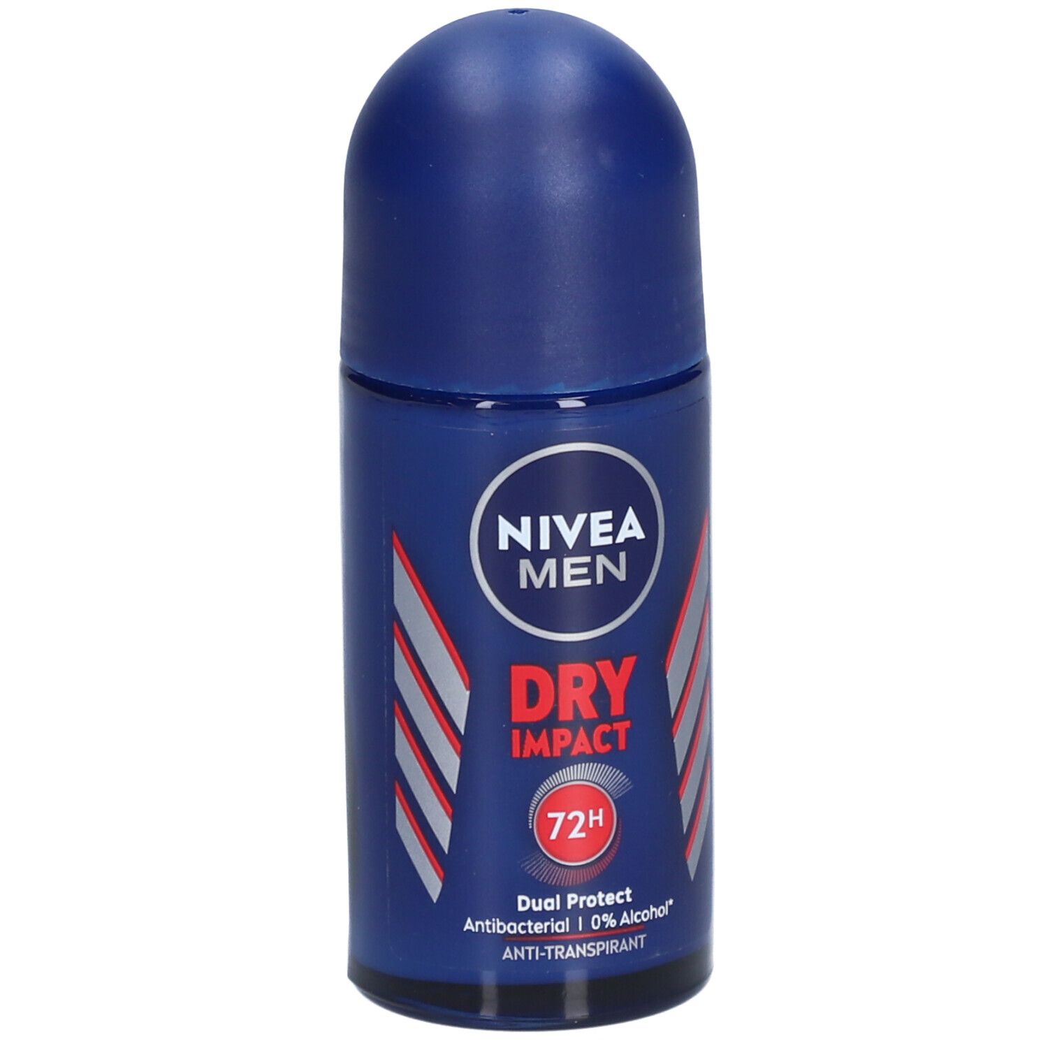 Blauwe NIVEA MEN Dry Impact roll-on. Wit logo, rode tekst en 72H. Antibacterieel, 0% alcohol.