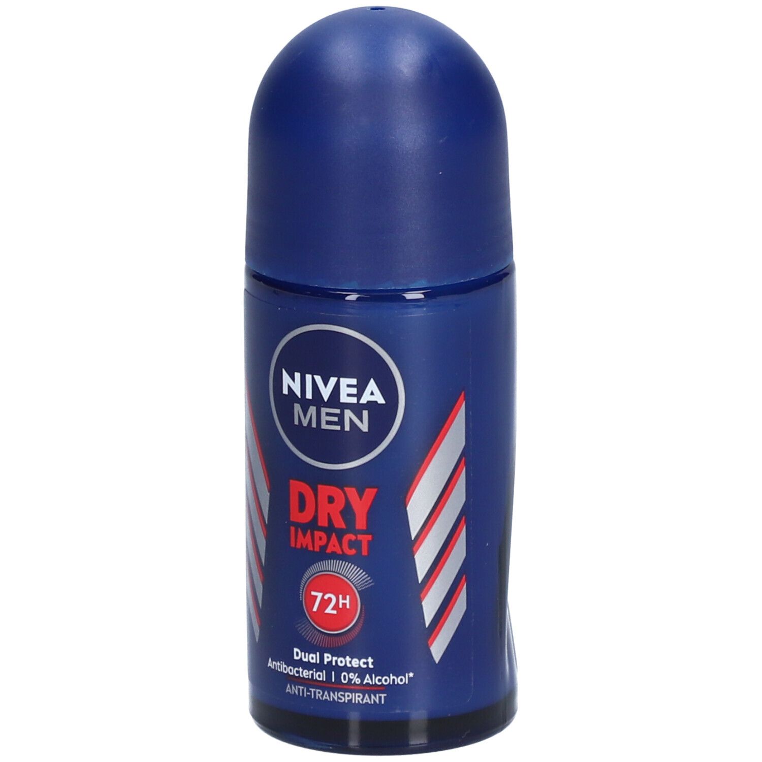 Blauwe NIVEA MEN Dry Impact roll-on. Wit logo, rode tekst en 72H. Antibacterieel, 0% alcohol.