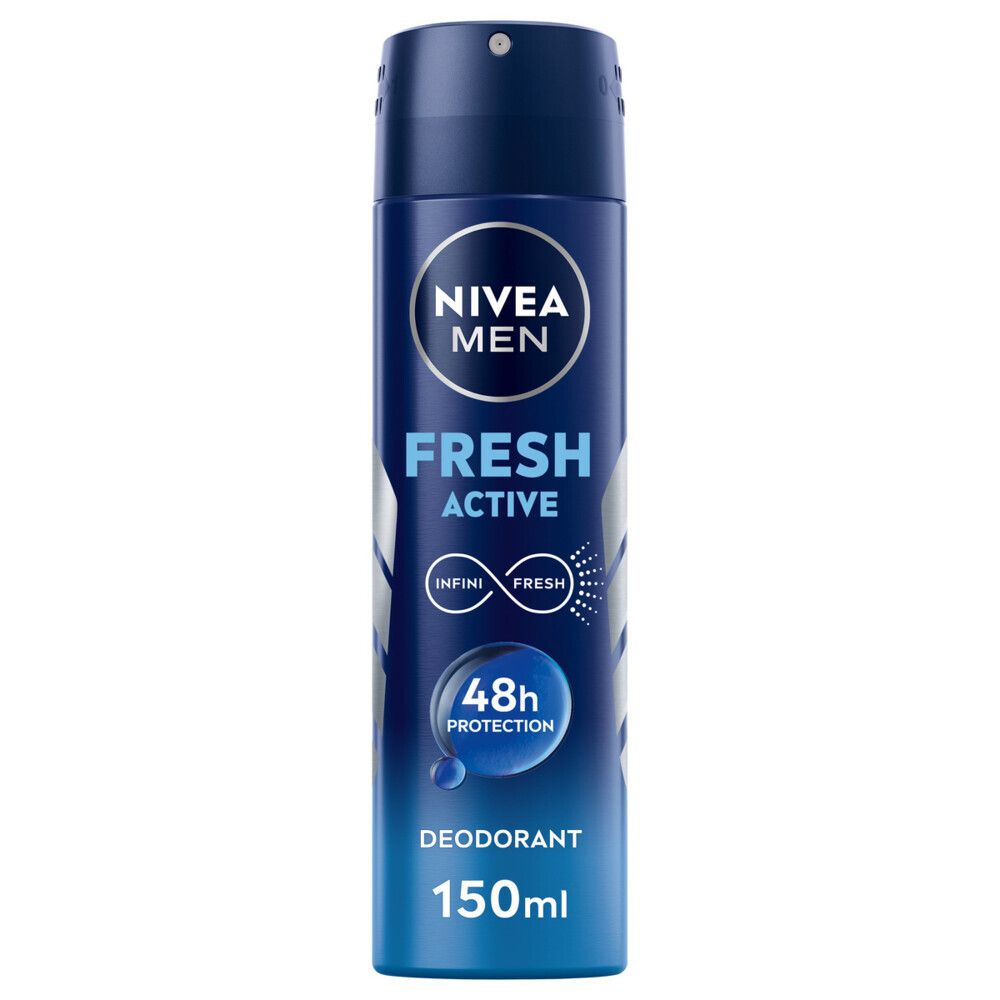 Bombe de déodorant bleu et argenté. NIVEA MEN, FRESH ACTIVE, 0% Aluminium (ACH), 48h Protection. 150 ml.