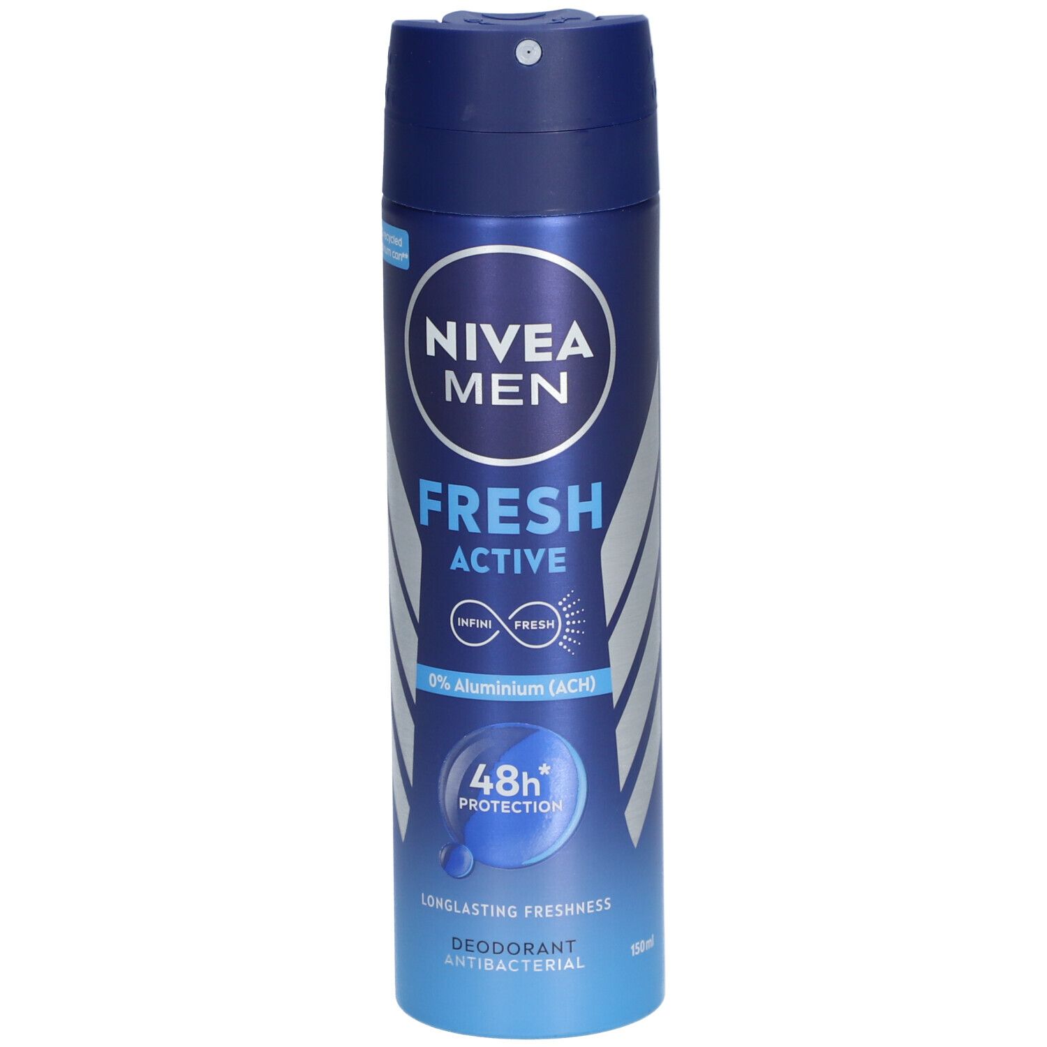 Bombe de déodorant bleu et argenté. NIVEA MEN, FRESH ACTIVE, 0% Aluminium (ACH), 48h Protection. Déodorant antibactérien.