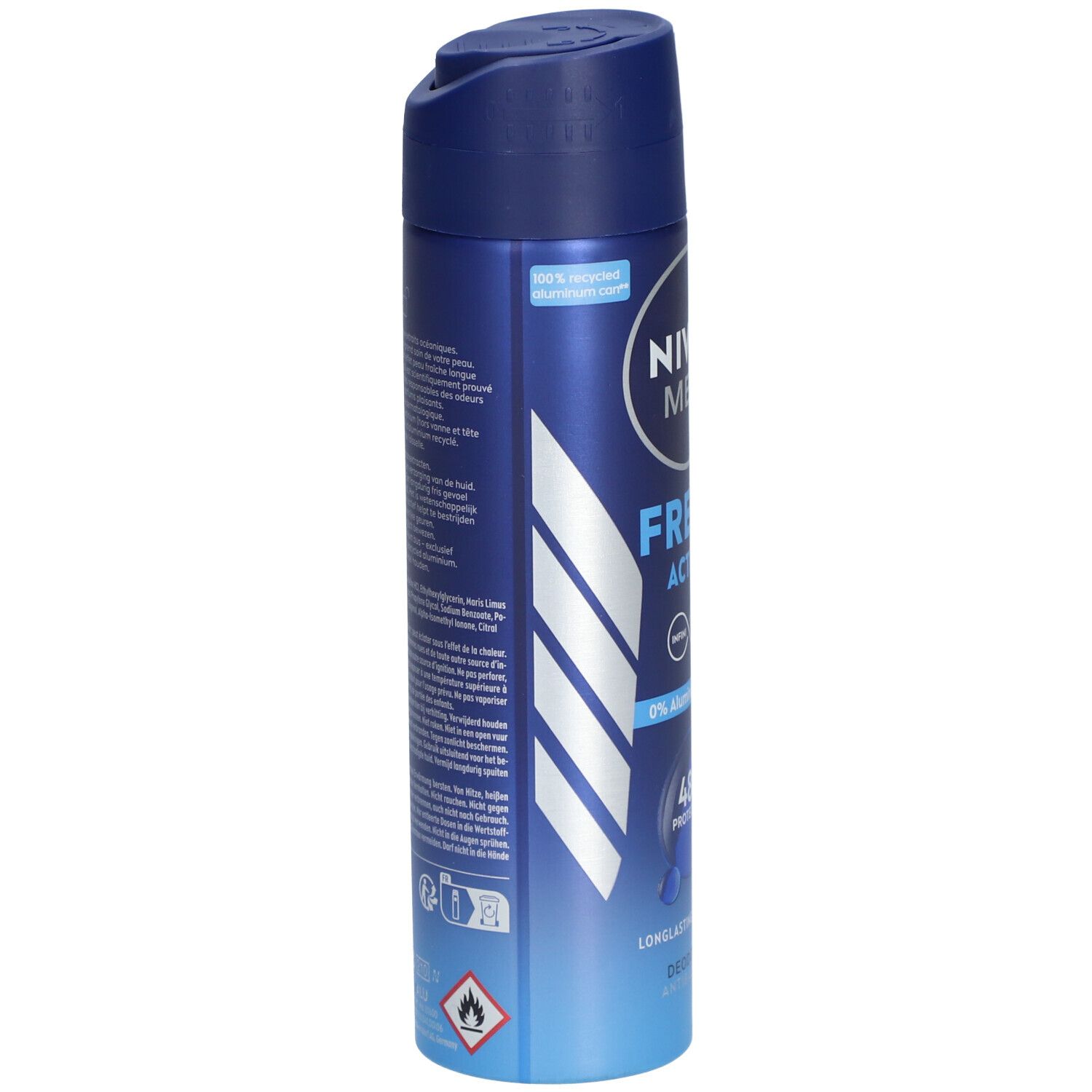 Bombe de déodorant bleu et argenté. NIVEA MEN FRESH ACTIVE, 0% Aluminium (ACH), 48h Protection. Dos avec texte et symboles.