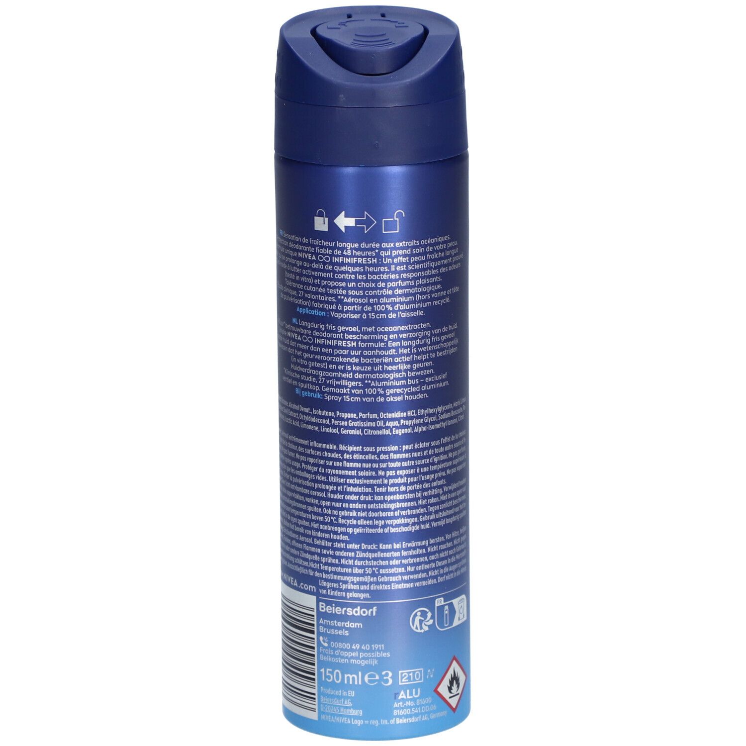Dos d'une bombe de déodorant. Texte, symboles et 150 ml. NIVEA MEN FRESH ACTIVE. Coloris bleu et argent.