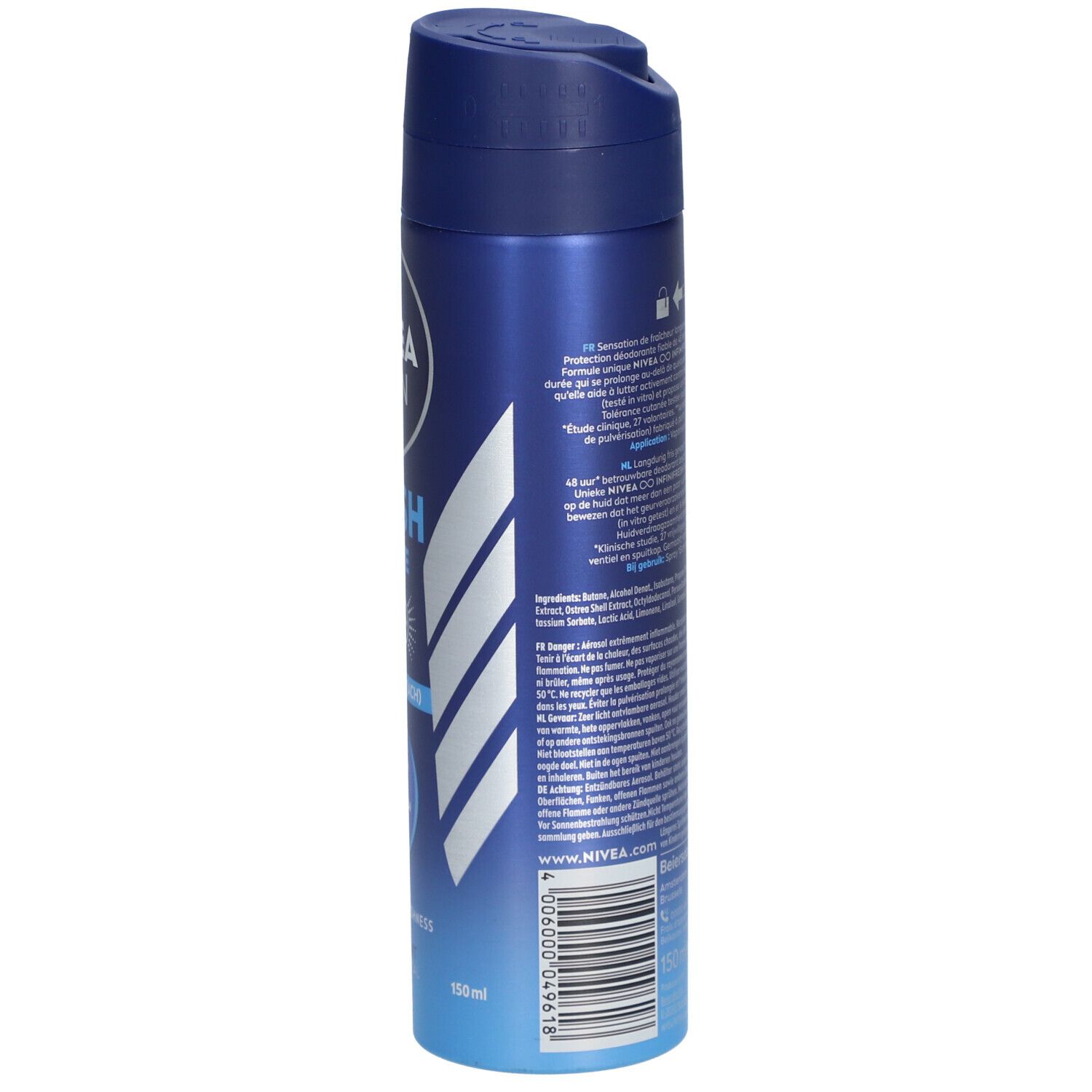 Dos d'une bombe de déodorant. Texte, symboles et 150 ml. NIVEA MEN FRESH ACTIVE. Coloris bleu et argent.