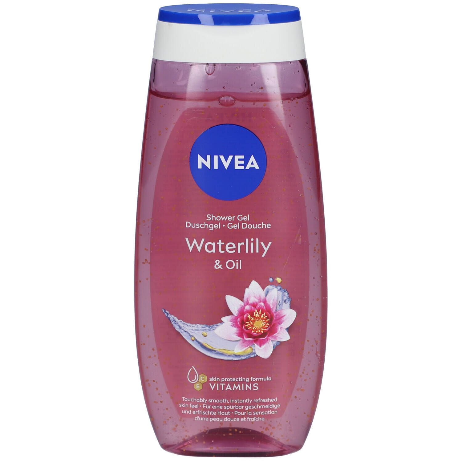 Gel douche NIVEA Waterlily & Oil. Bouteille rose avec bouchon bleu. Logo et nom du produit. Illustration d'un nénuphar.