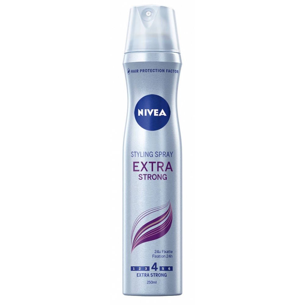 Spray coiffant NIVEA Extra fort. Flacon argenté avec logo bleu et accents violets. Fixation extra forte.
