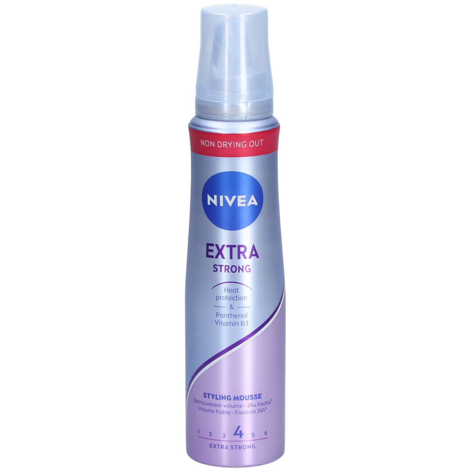 NIVEA Styling Mousse Extra stark. Flasche mit Sprühkopf. Lila-silberne Farbgebung. Aufschrift: EXTRA STRONG.