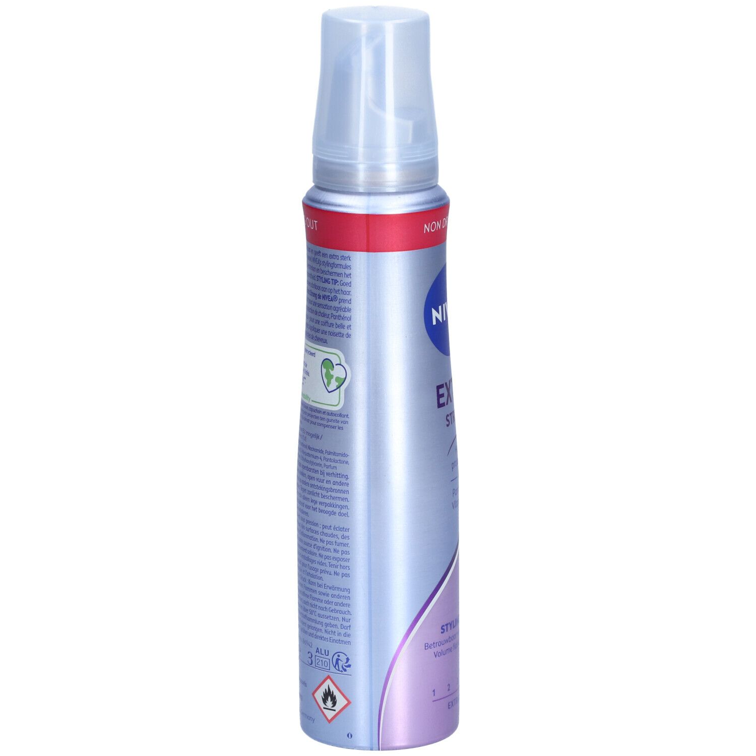 NIVEA Styling Mousse. Rückseite der Flasche. Text und Logos. Grün-weiße Kennzeichnung. Transparenter Sprühkopf.