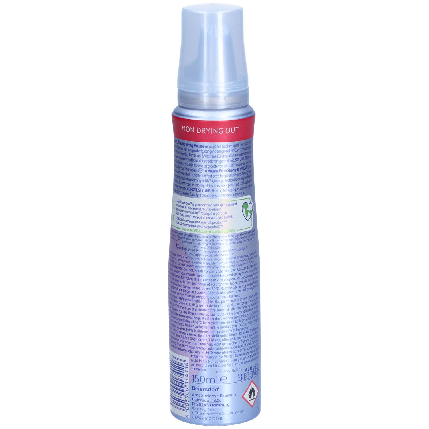 NIVEA Styling Mousse. Rückseite der Flasche. Text und Logos. 150ml. Transparenter Sprühkopf. Farbgebung: Lila-Silber.