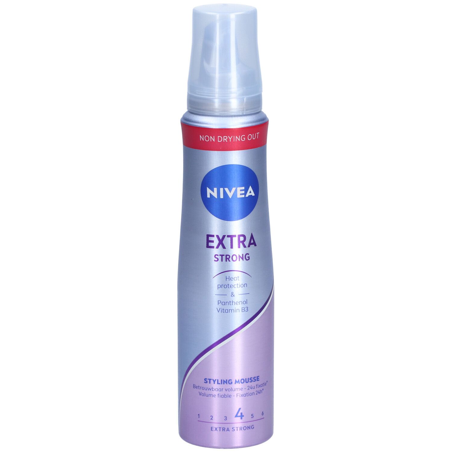 NIVEA Styling Mousse Extra stark. Flasche mit Sprühkopf. Lila-silberne Farbgebung. Aufschrift: EXTRA STRONG.