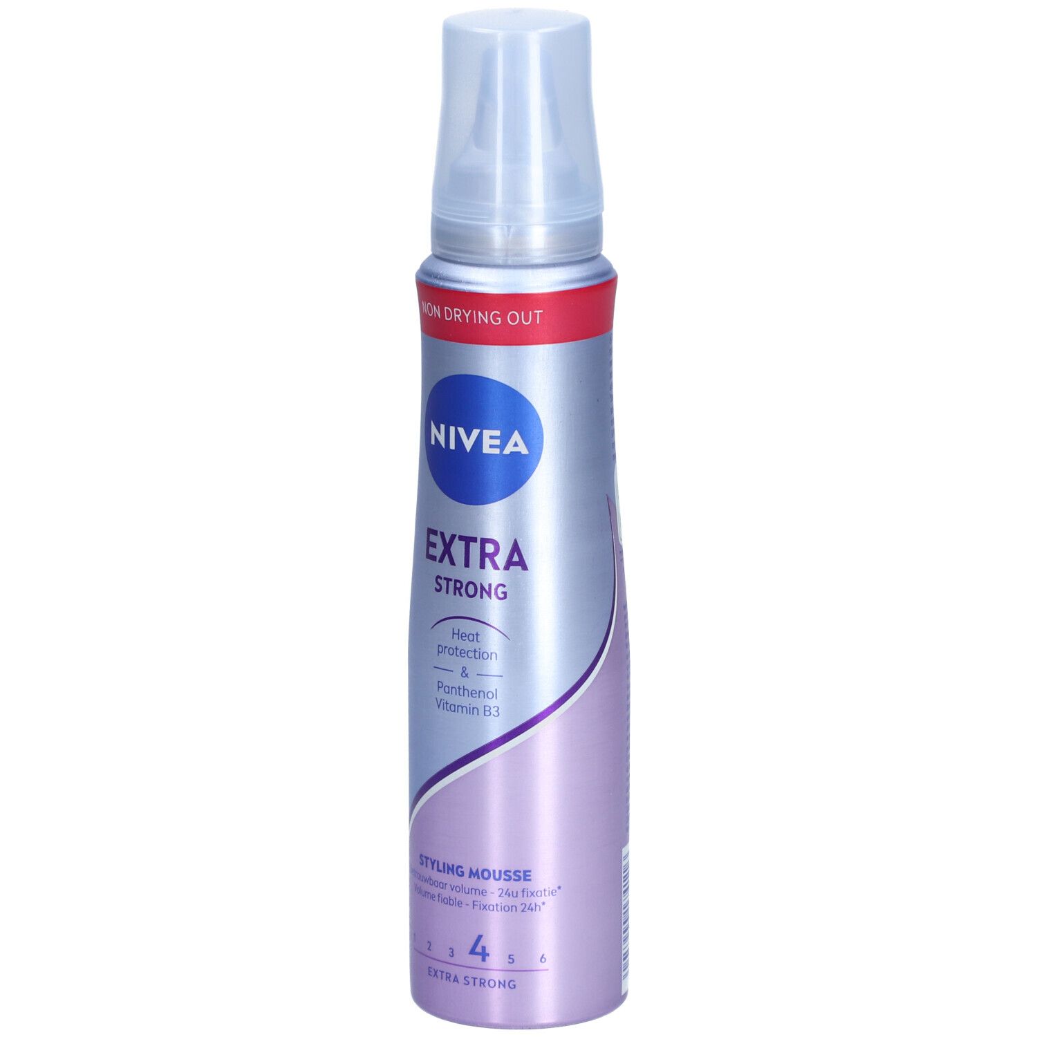 NIVEA Styling Mousse Extra stark. Flasche mit Sprühkopf. Lila-silberne Farbgebung. Aufschrift: EXTRA STRONG.