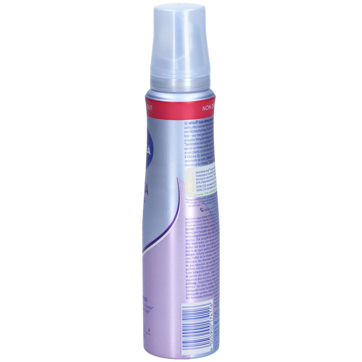 NIVEA Styling Mousse. Rückseite der Flasche. Text und Logos. Transparenter Sprühkopf. Farbgebung: Lila-Silber.