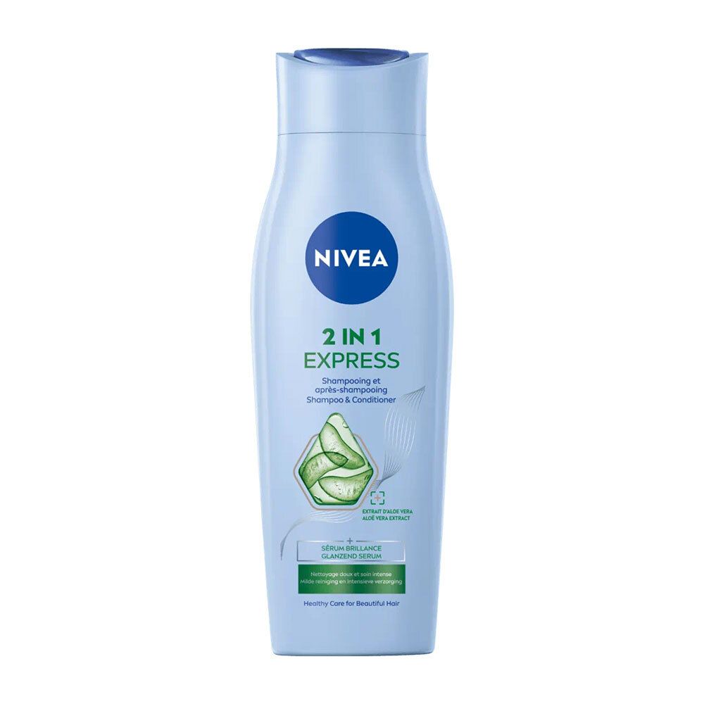 Flacon bleu clair NIVEA 2-en-1 Express Shampooing & Conditionneur. Logo, nom du produit et graphique aloe vera.