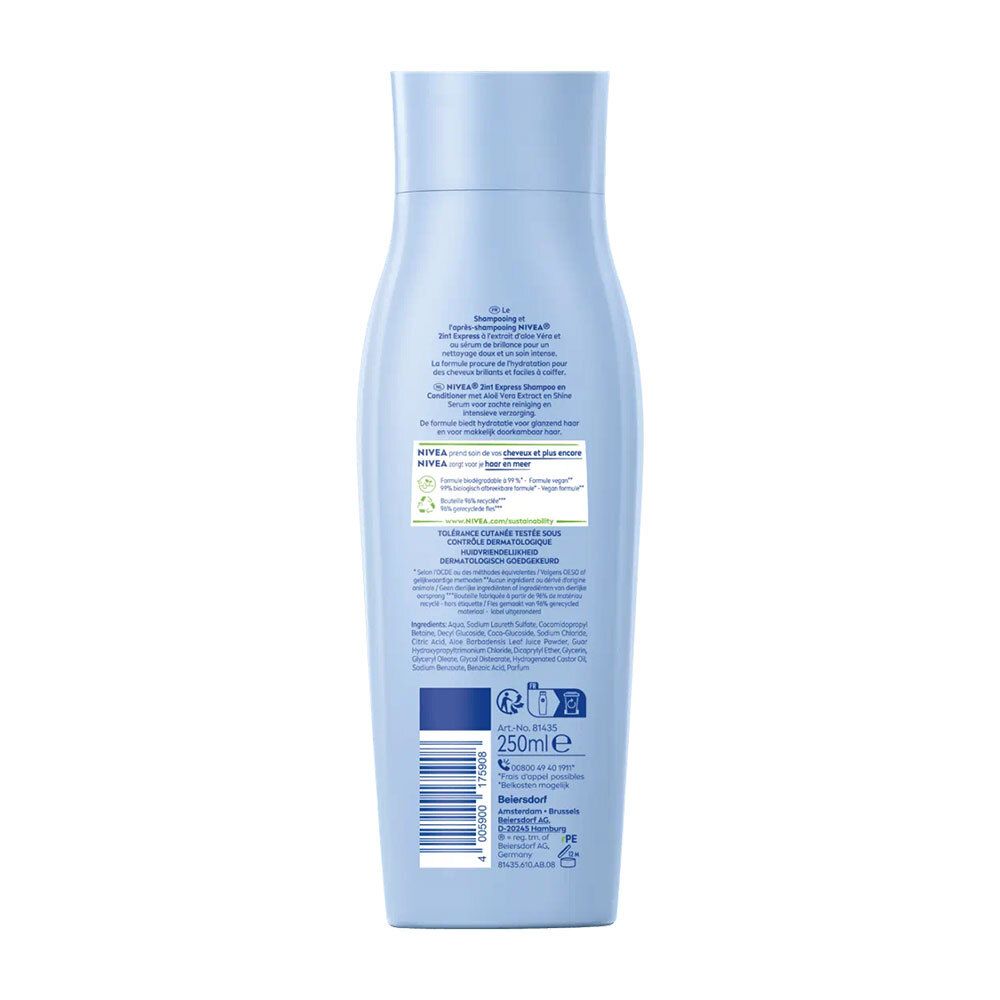 Dos du flacon bleu clair NIVEA 2-en-1 Express Shampooing & Conditionneur. Texte, ingrédients et code-barres.