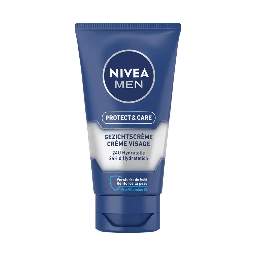 Tube bleu NIVEA MEN PROTECT & CARE. Crème visage hydratante 24H. Inscription: Pro-Vitamine B5.