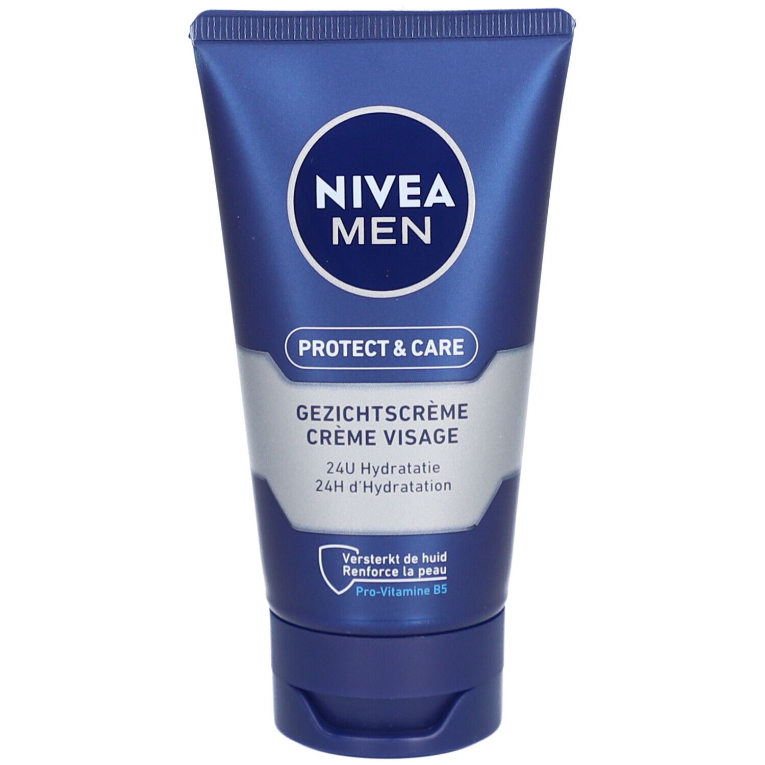Blaue Tube NIVEA MEN PROTECT & CARE Gesichtspflege. Text: 24H Hydratation, Creme Visage.