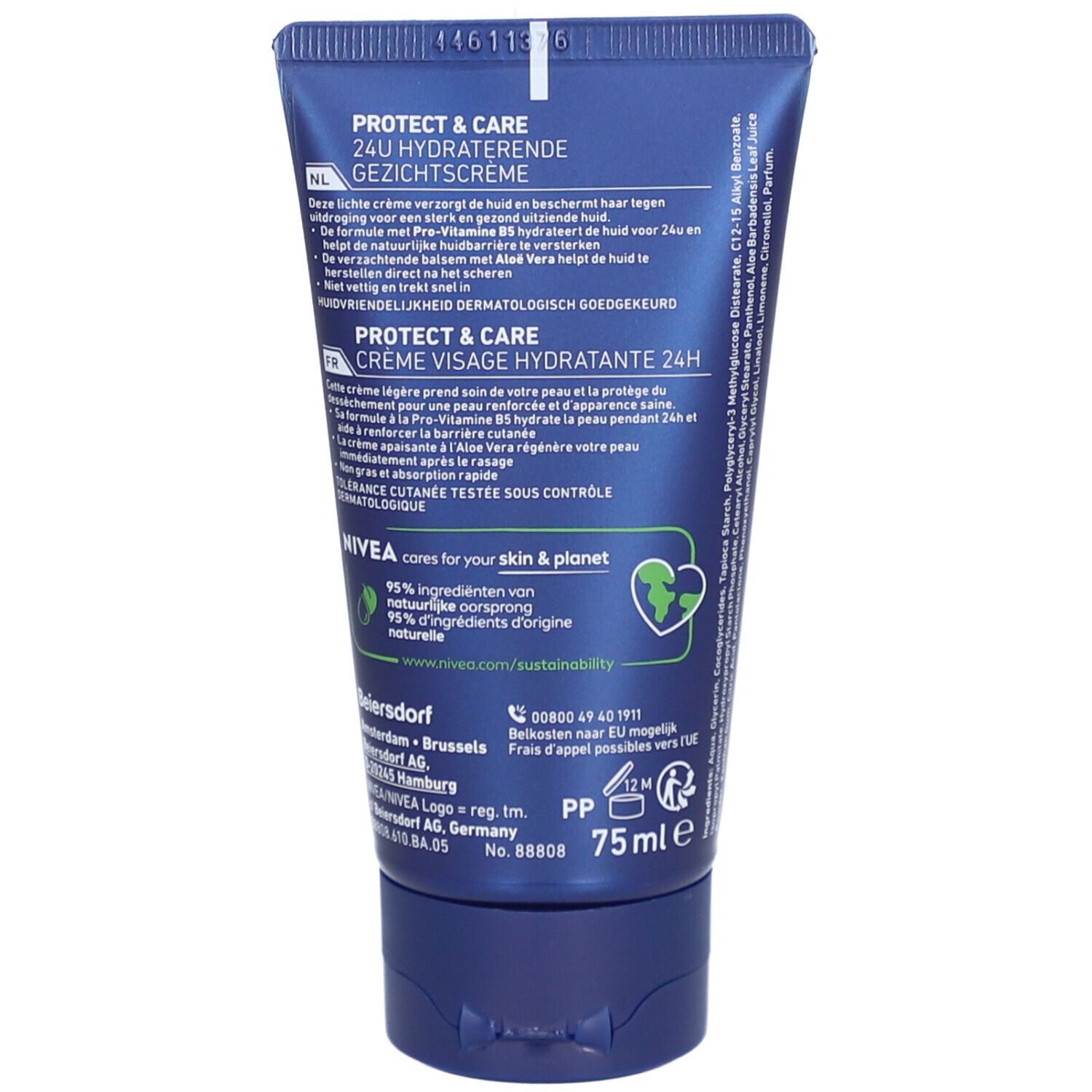 Rückseite der NIVEA MEN PROTECT & CARE Gesichtspflege-Tube. Text in NL und FR. 75ml, Inhaltsstoffe, Recycling-Symbol.
