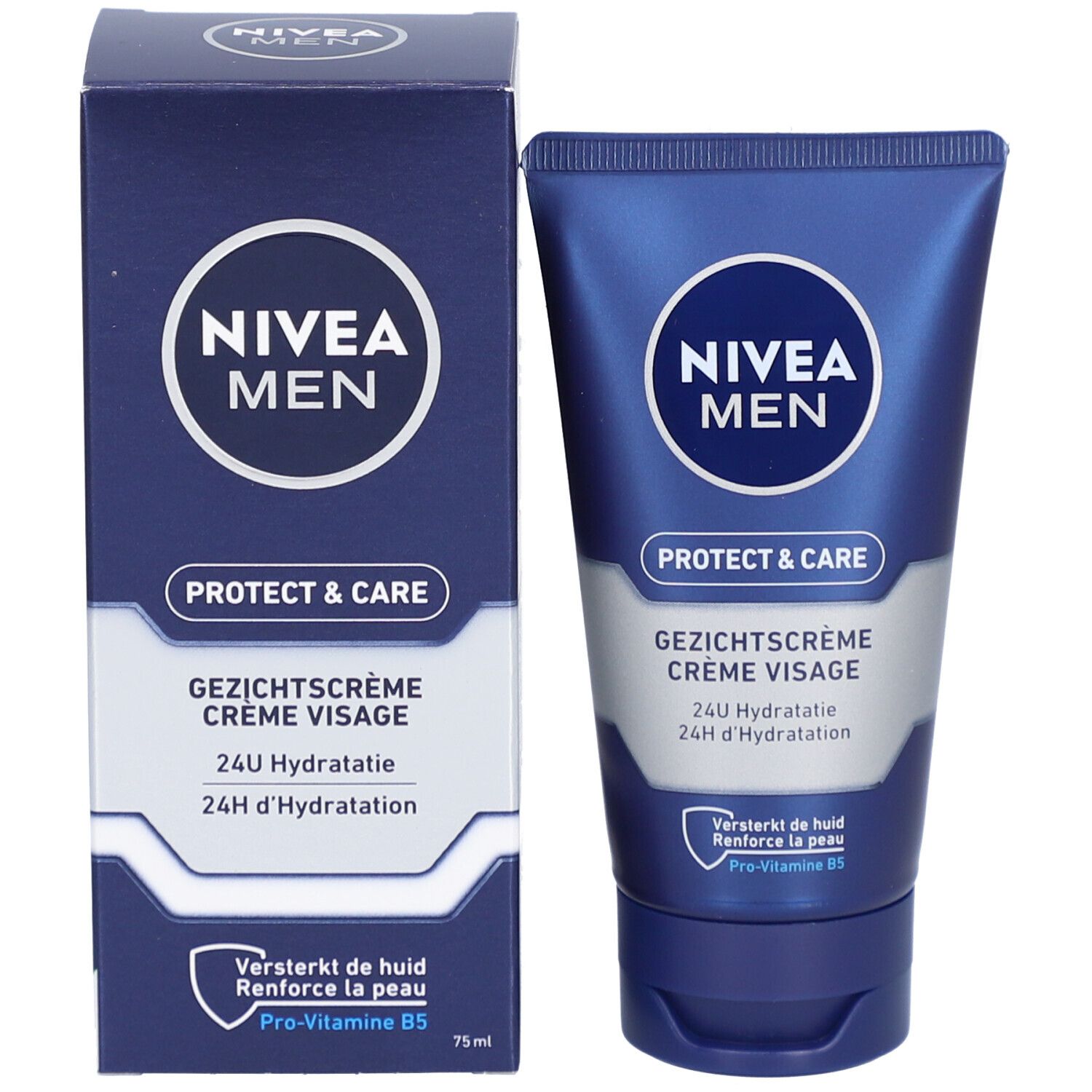 NIVEA MEN PROTECT & CARE Gesichtspflege und Verpackung. Text: 24H Hydratation, Creme Visage.