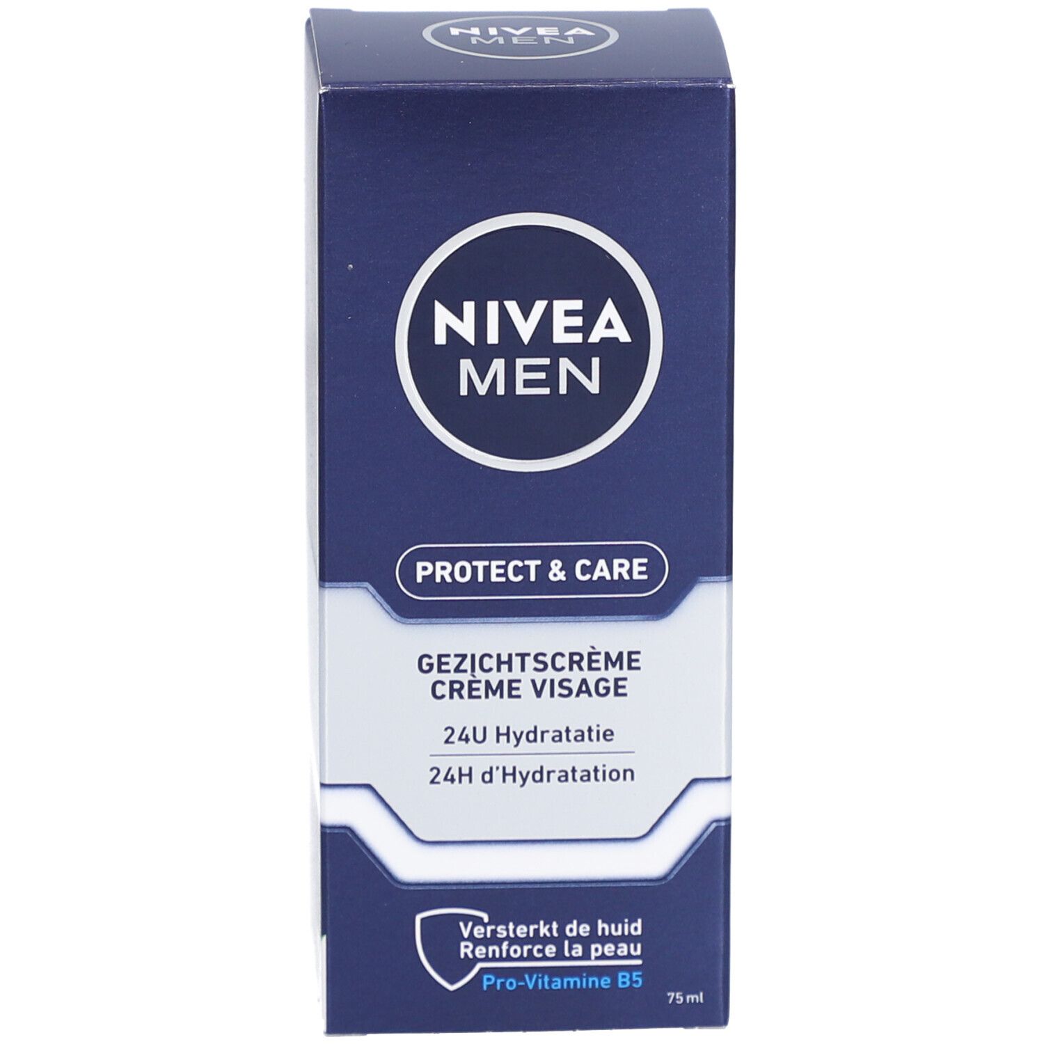 Verpackung der NIVEA MEN PROTECT & CARE Gesichtspflege. Text: 24H Hydratation, Creme Visage.