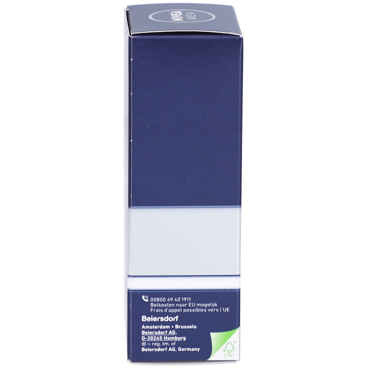 Seite der NIVEA MEN PROTECT & CARE Verpackung. Text: Adresse, Telefonnummer, Inhaltsstoffe.