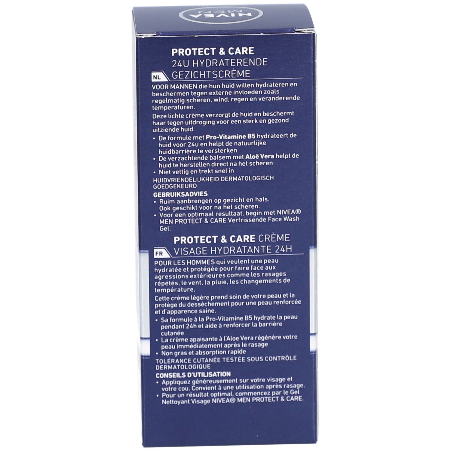 Rückseite der NIVEA MEN PROTECT & CARE Verpackung. Text in NL und FR. Anwendungshinweise.