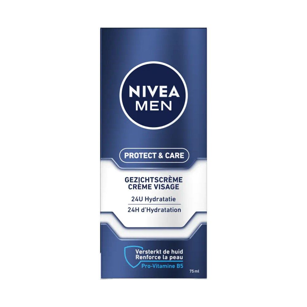 Emballage NIVEA MEN PROTECT & CARE. Inscription: 24H Hydratation, crème visage.
