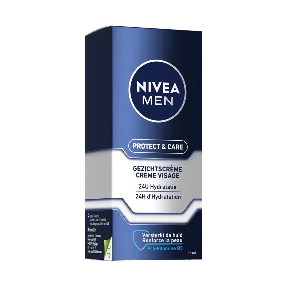 Emballage NIVEA MEN PROTECT & CARE. Inscription: 24H Hydratation, crème visage.