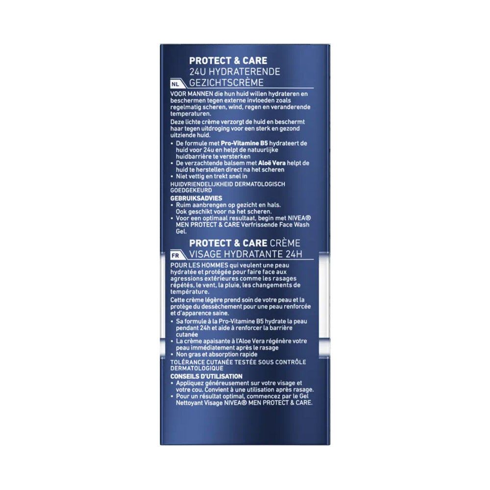 Dos de l'emballage NIVEA MEN PROTECT & CARE. Textes en NL et FR. Conseils d'utilisation.