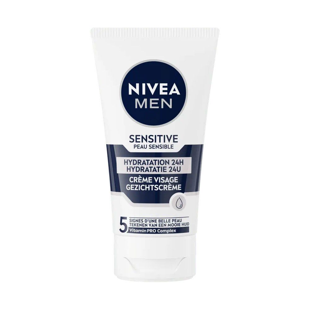 Tube blanc NIVEA MEN. Crème visage peaux sensibles, hydratation 24H. Contenance 75ml. Logo goutte d'eau.