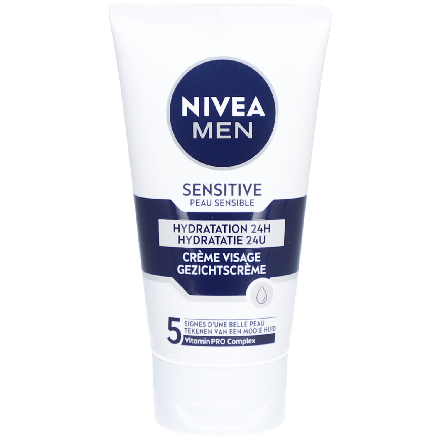 Tube blanc NIVEA MEN. Crème visage peaux sensibles, hydratation 24H. Contenance 75ml. Logo goutte d'eau.