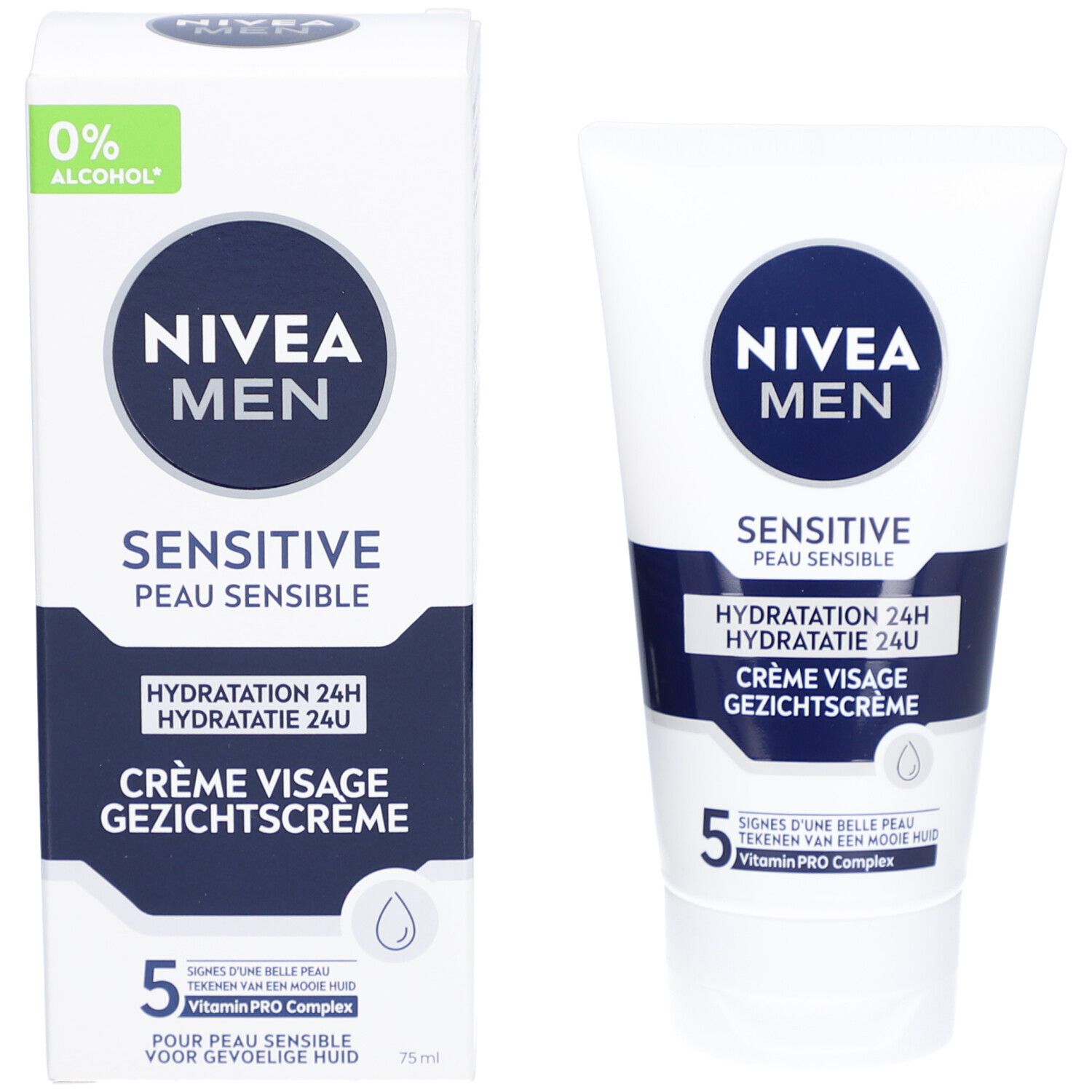 Emballage produit : tube et boîte. NIVEA MEN Sensitive, hydratation 24H. 0% alcool. 75ml.