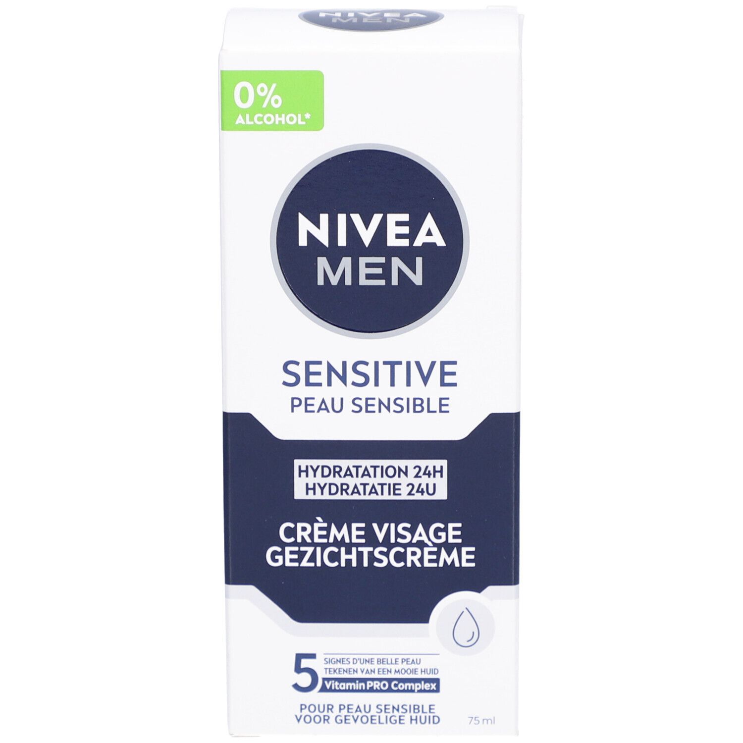 Boîte en carton. NIVEA MEN Sensitive, hydratation 24H. 0% alcool. Nom du produit et logo.